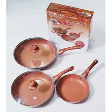 Kit Jogo De Panela Frigideira Revestida Cerâmica Titânio Antiaderente 5 Peças 3 Panelas + 2 tampas