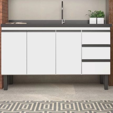 Balcão para Cozinha em Aço 144cm 3 Portas 3 Gavetas Netuno