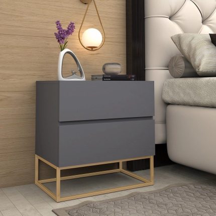 Mesa Cabeceira Eros 2 Gavetas estilo Industrial Cinza com Pés Dourado