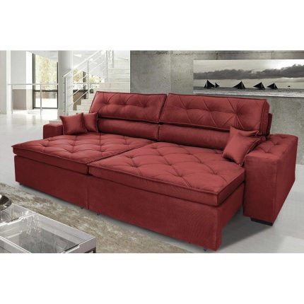 Sofá Austin 2,62m Retrátil, Reclinável com Molas no Assento e Almofadas, Suede Vermelho Cama inBox