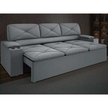 Sofá com Porta Copos Retrátil e Reclinável Pop 2,05m Velosuede Grafite – netsofas